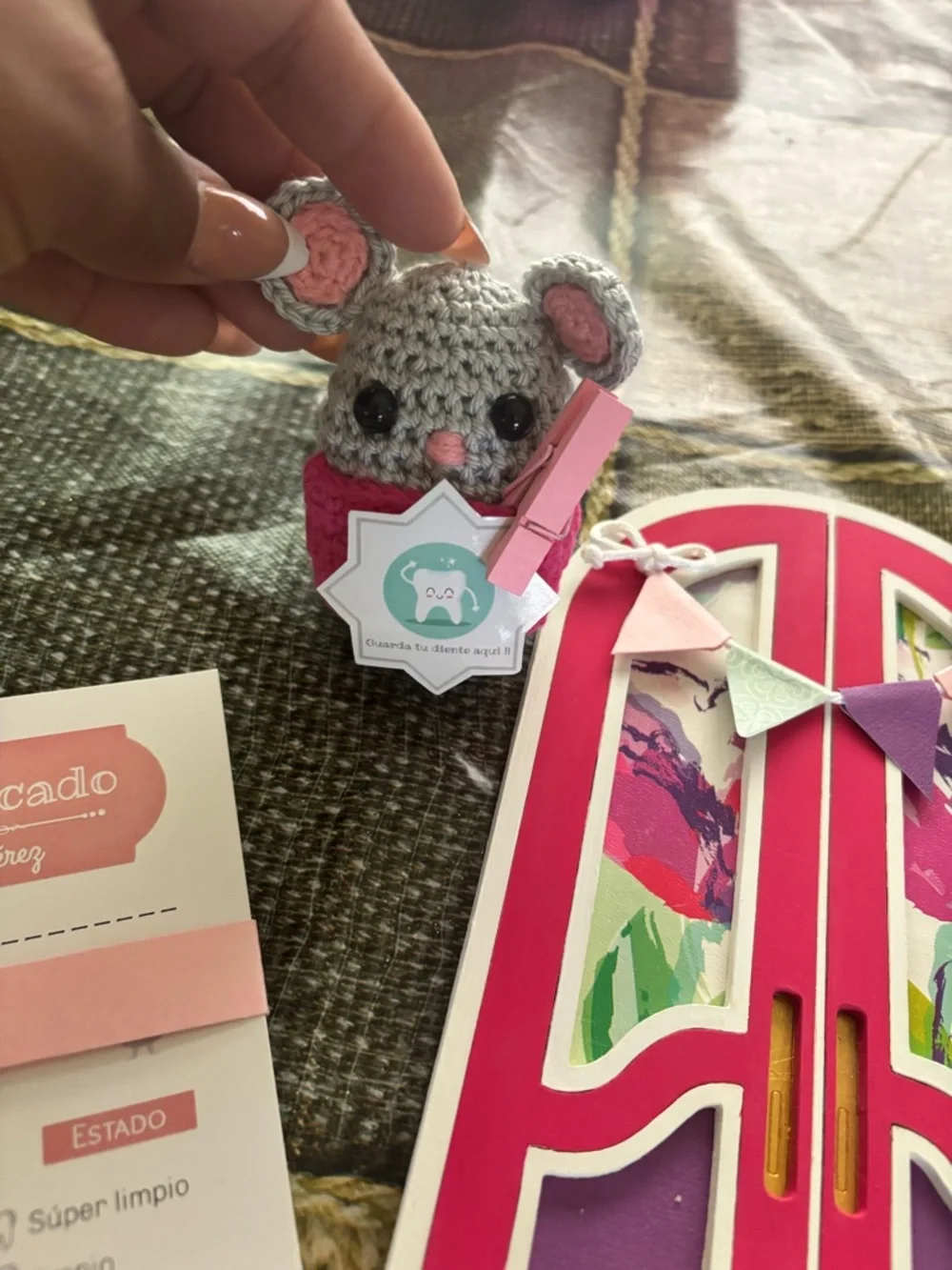 Handmade Crochet Grey and Pink Mouse Plush Toy for Kids
